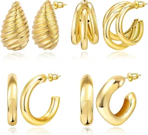 Gold Earrings for Women Triple Twisted Hoop Earrings 14K Gold Plated Earrings Thick Teardrop Hypoallergenic 925 Sterling Silver Sensitive Ears Jewelry Gifts for Women Girls