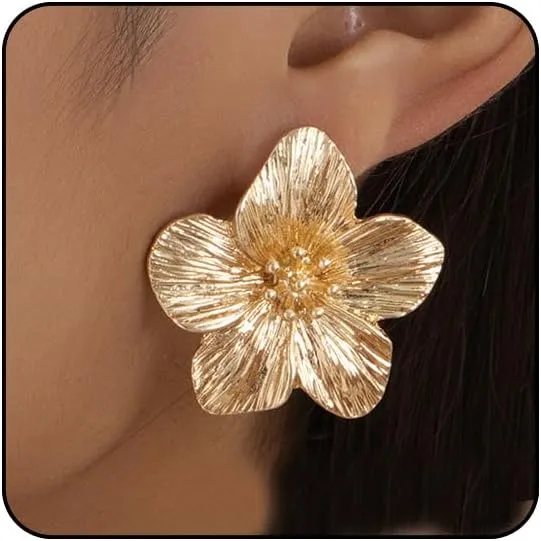 Gold Flower Earrings for Women Dangling Big Statement Earrings for Women Large Floral Stud Earring Daisy Spring Summer Fancy Earring Chunky Flower Gold Jewelry