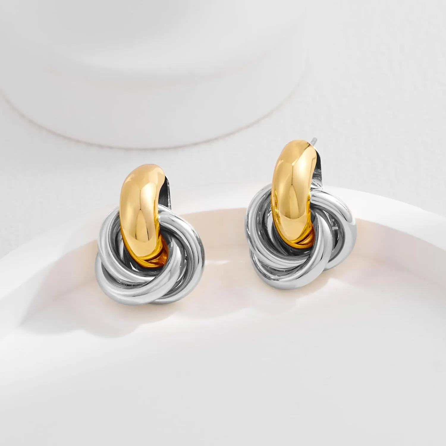 Gold Geometric Drop Dangle Earrings for Women 18K Chunky Trendy Knot Stud Small Twisted Link Earring Jewelry Gift