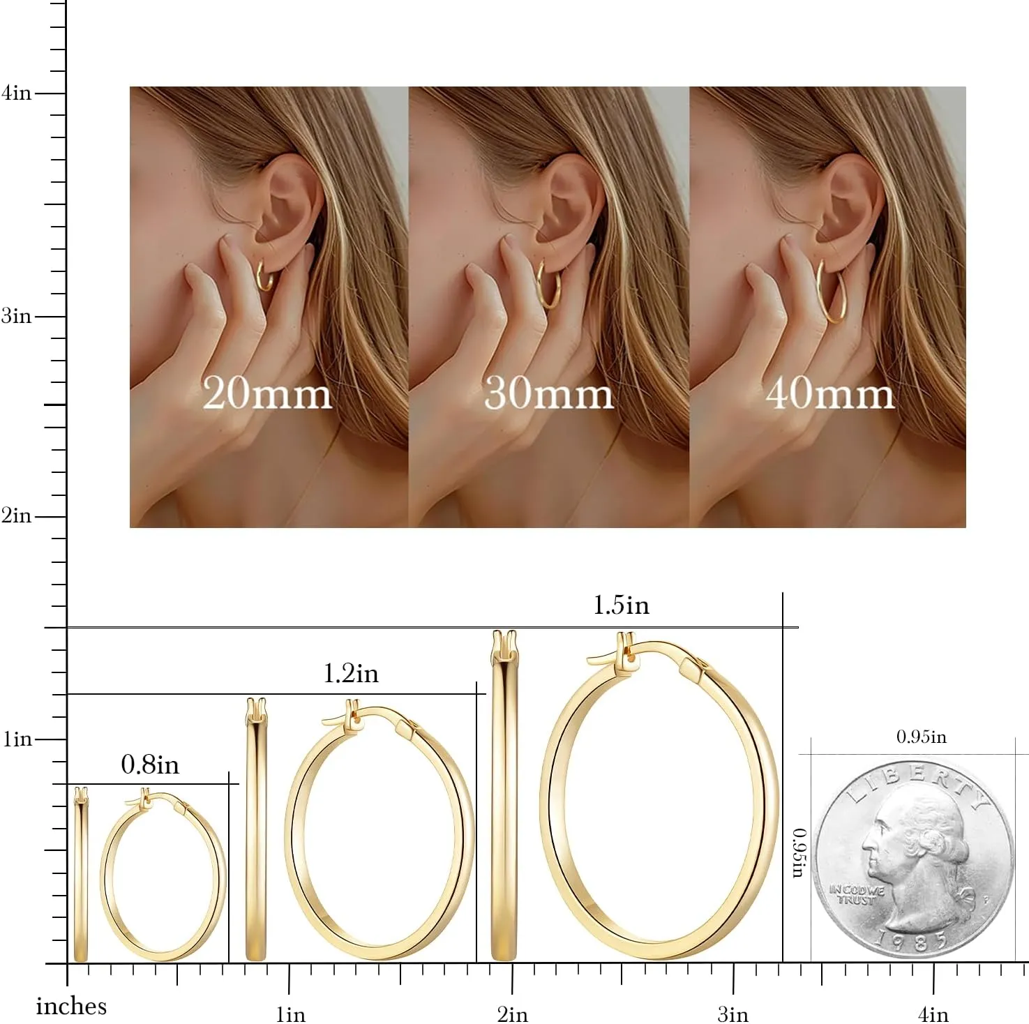 Gold Hoop Earrings for Women 14K Gold Earrings Lightweight Hoop Earring Womens Earring Hoops 20 mm/30 mm/40 mm