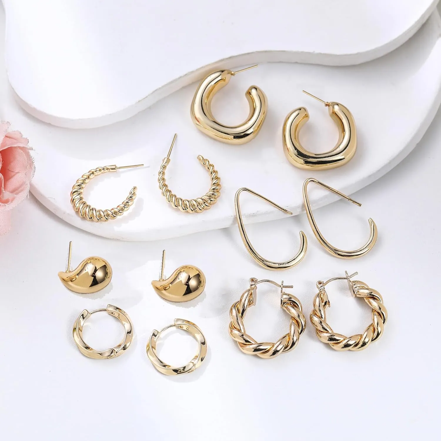 Gold Hoop Earrings for Women, 6 Pairs Hypoallergenic Lightweight Chunky Twisted Hoop Earrings - Trendy Jewelry Gifts