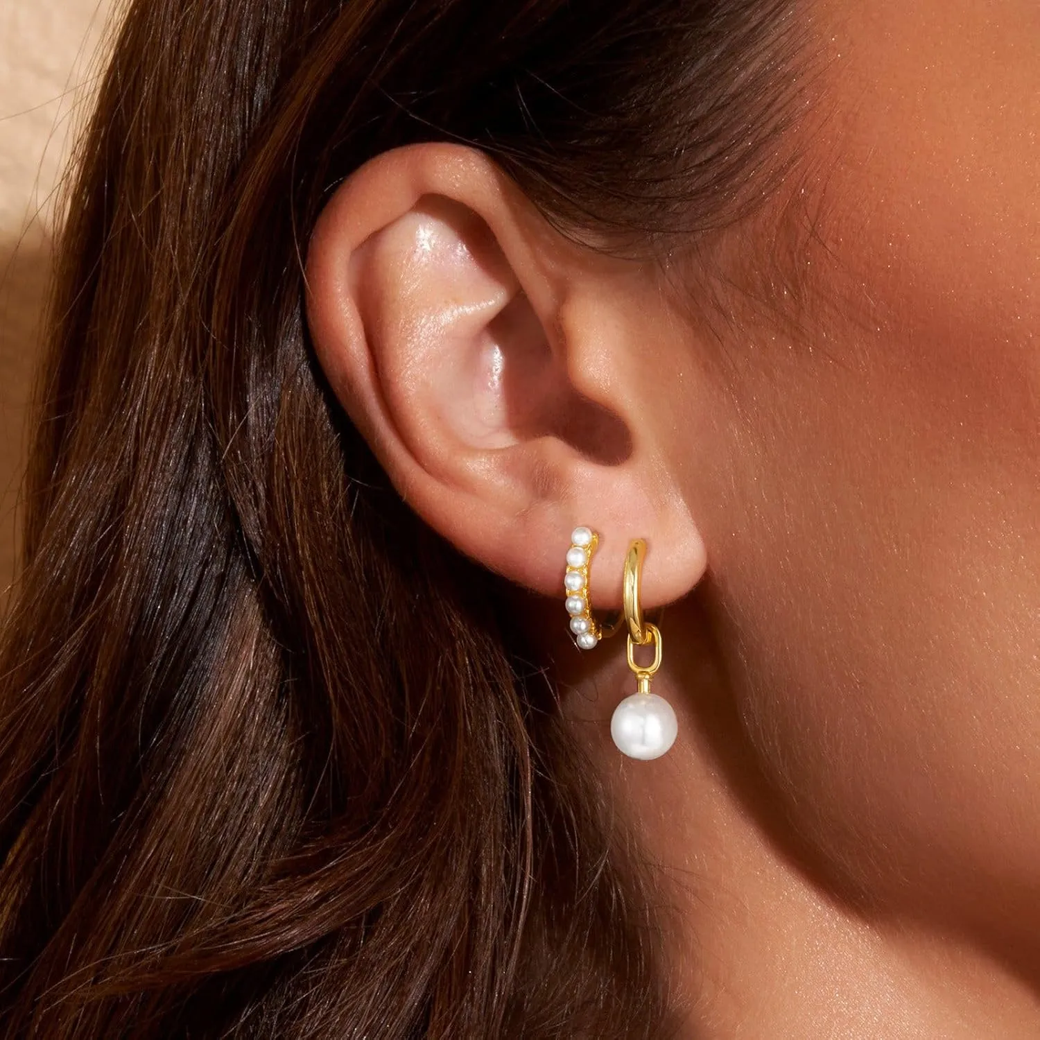 Gold Hoop Earrings for Women, Dainty 14k Gold Plated Drop Small Hoop Pearl Earrings Studs Set Trendy Dangle Cubic Zirconia Huggie Stacks Hypoallergenic Earrings Fashion Jewelry for Women