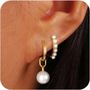 Gold Hoop Earrings for Women, Dainty 14k Gold Plated Drop Small Hoop Pearl Earrings Studs Set Trendy Dangle Cubic Zirconia Huggie Stacks Hypoallergenic Earrings Fashion Jewelry for Women