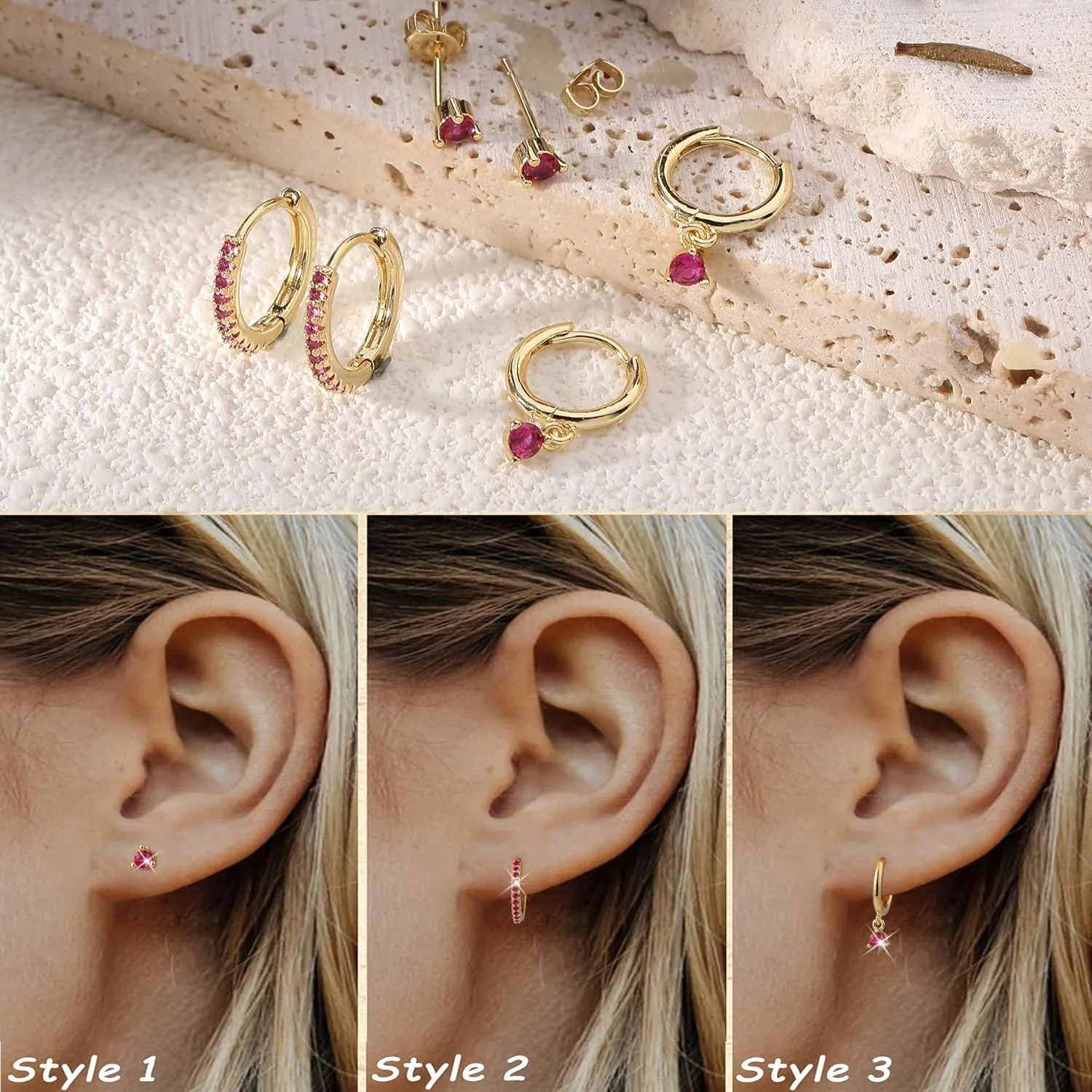 Gold Hoop Earrings for Women Trendy, 14k Gold Plated Birthstone CZ Dangle Huggie Earrings for Multiple Piercing Hypoallergenic,Small Hoop Stud Earrings Stacks Set Birthday Gifts Non Tarnish Jewelry