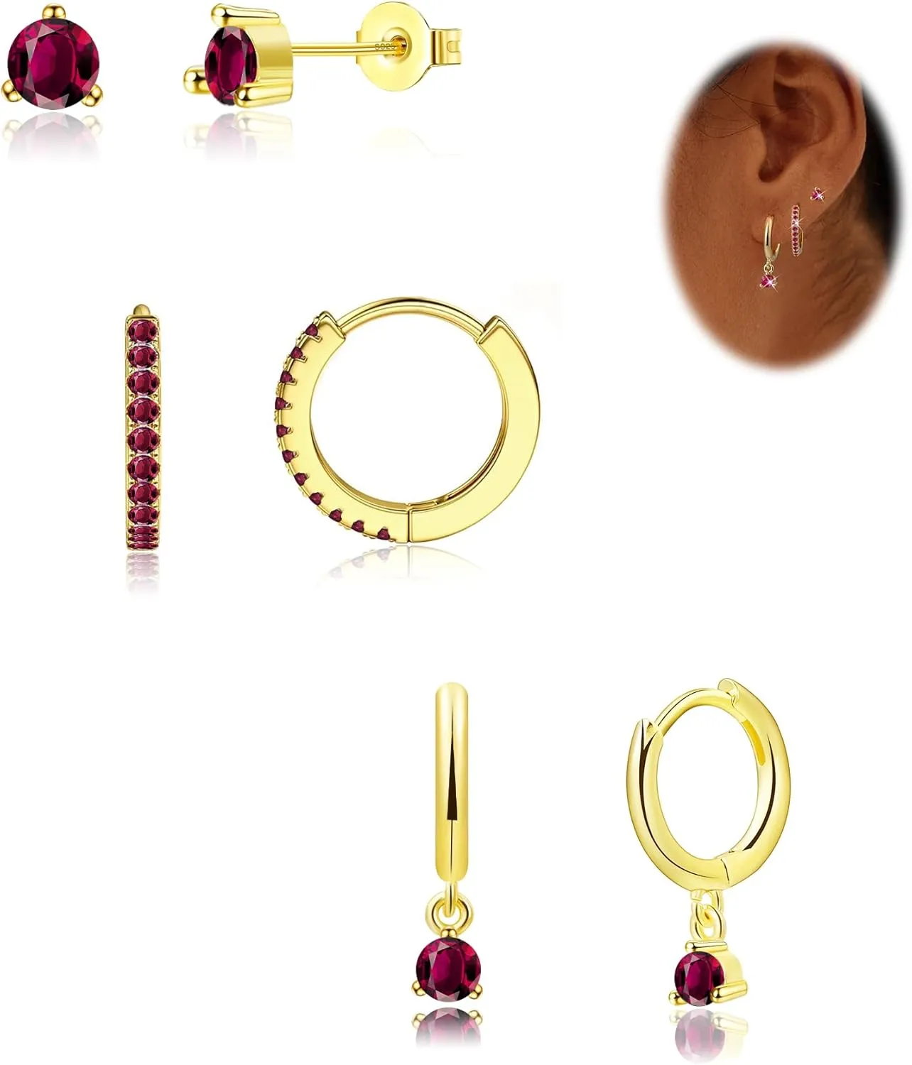 Gold Hoop Earrings for Women Trendy, 14k Gold Plated Birthstone CZ Dangle Huggie Earrings for Multiple Piercing Hypoallergenic,Small Hoop Stud Earrings Stacks Set Birthday Gifts Non Tarnish Jewelry