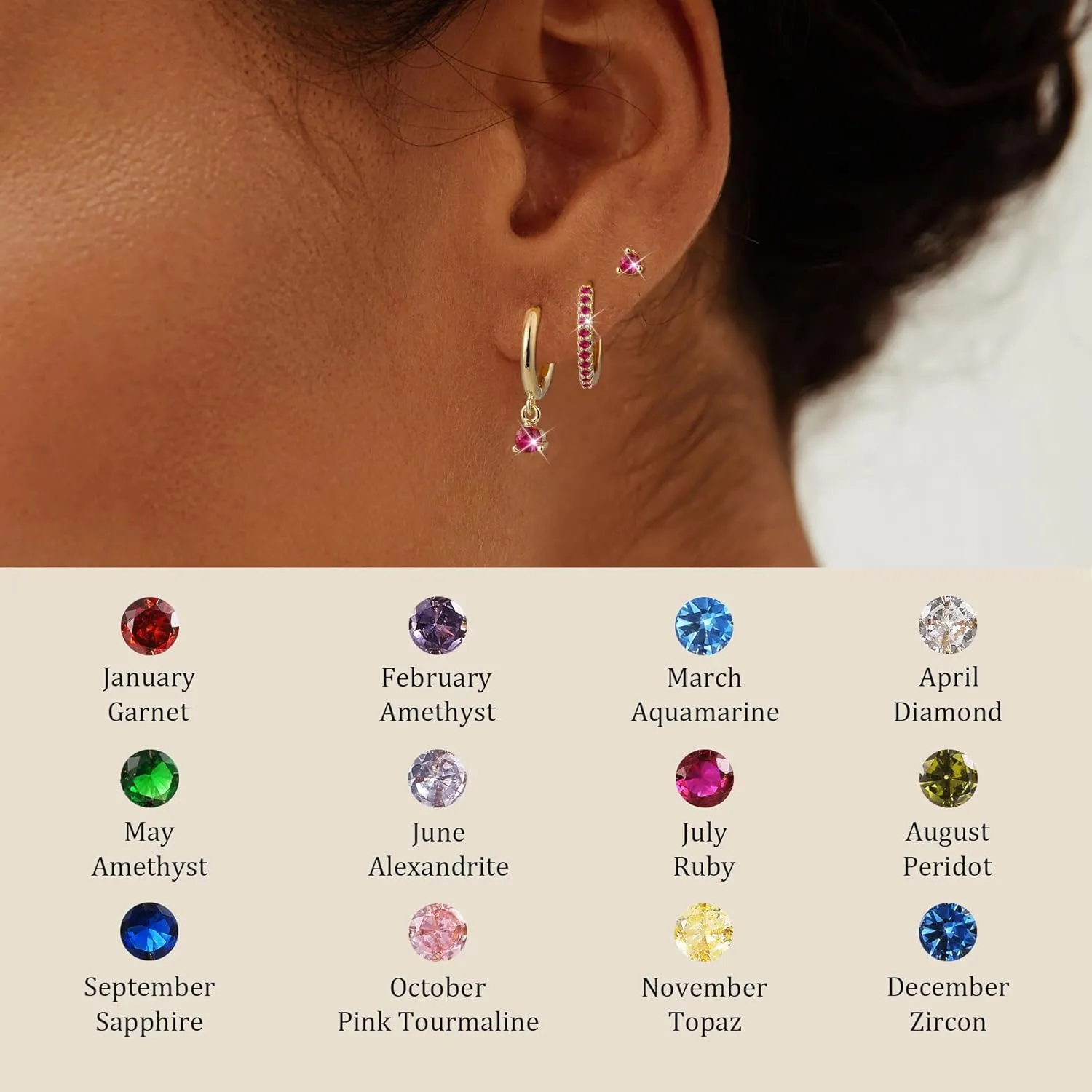 Gold Hoop Earrings for Women Trendy, 14k Gold Plated Birthstone CZ Dangle Huggie Earrings for Multiple Piercing Hypoallergenic,Small Hoop Stud Earrings Stacks Set Birthday Gifts Non Tarnish Jewelry