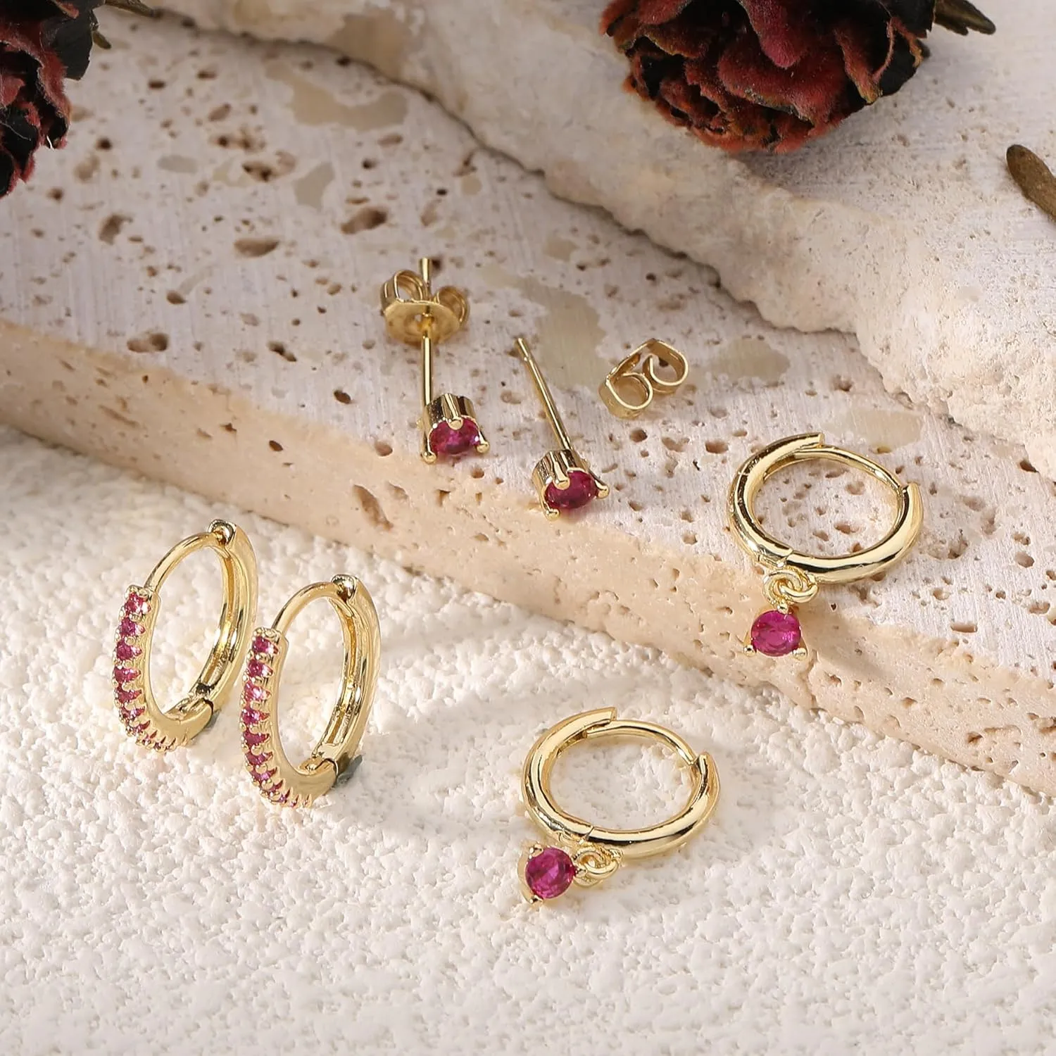 Gold Hoop Earrings for Women Trendy, 14k Gold Plated Birthstone CZ Dangle Huggie Earrings for Multiple Piercing Hypoallergenic,Small Hoop Stud Earrings Stacks Set Birthday Gifts Non Tarnish Jewelry