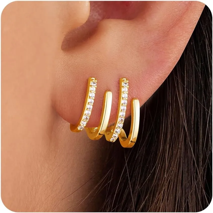 Gold Hoop Earrings for Women Trendy, 14K Gold Plated Dainty Small Huggie Double Hoop Earrings Hypoallergenic Lightweight Cubic Zirconia Gold Spiral Earrings for Women