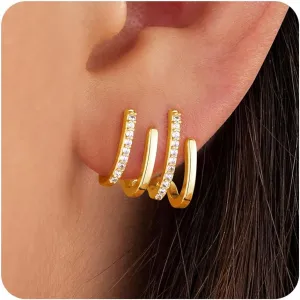 Gold Hoop Earrings for Women Trendy, 14K Gold Plated Dainty Small Huggie Double Hoop Earrings Hypoallergenic Lightweight Cubic Zirconia Gold Spiral Earrings for Women