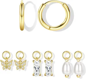 Gold Hoop Earrings Hypoallergenic 14K GP Charms Set for Women Trendy - Sterling Silver Small Huggie Hoop Earrings Pack with Cubic Zirconia Drop Dangle Earring