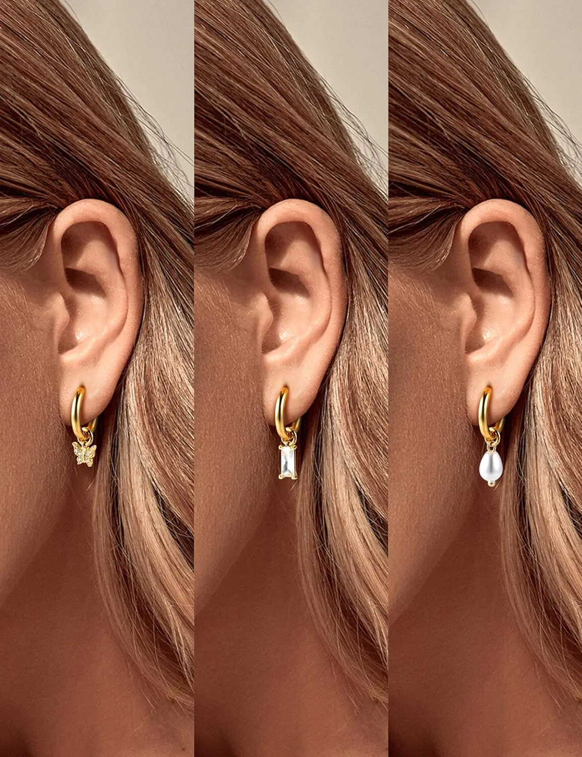 Gold Hoop Earrings Hypoallergenic 14K GP Charms Set for Women Trendy - Sterling Silver Small Huggie Hoop Earrings Pack with Cubic Zirconia Drop Dangle Earring