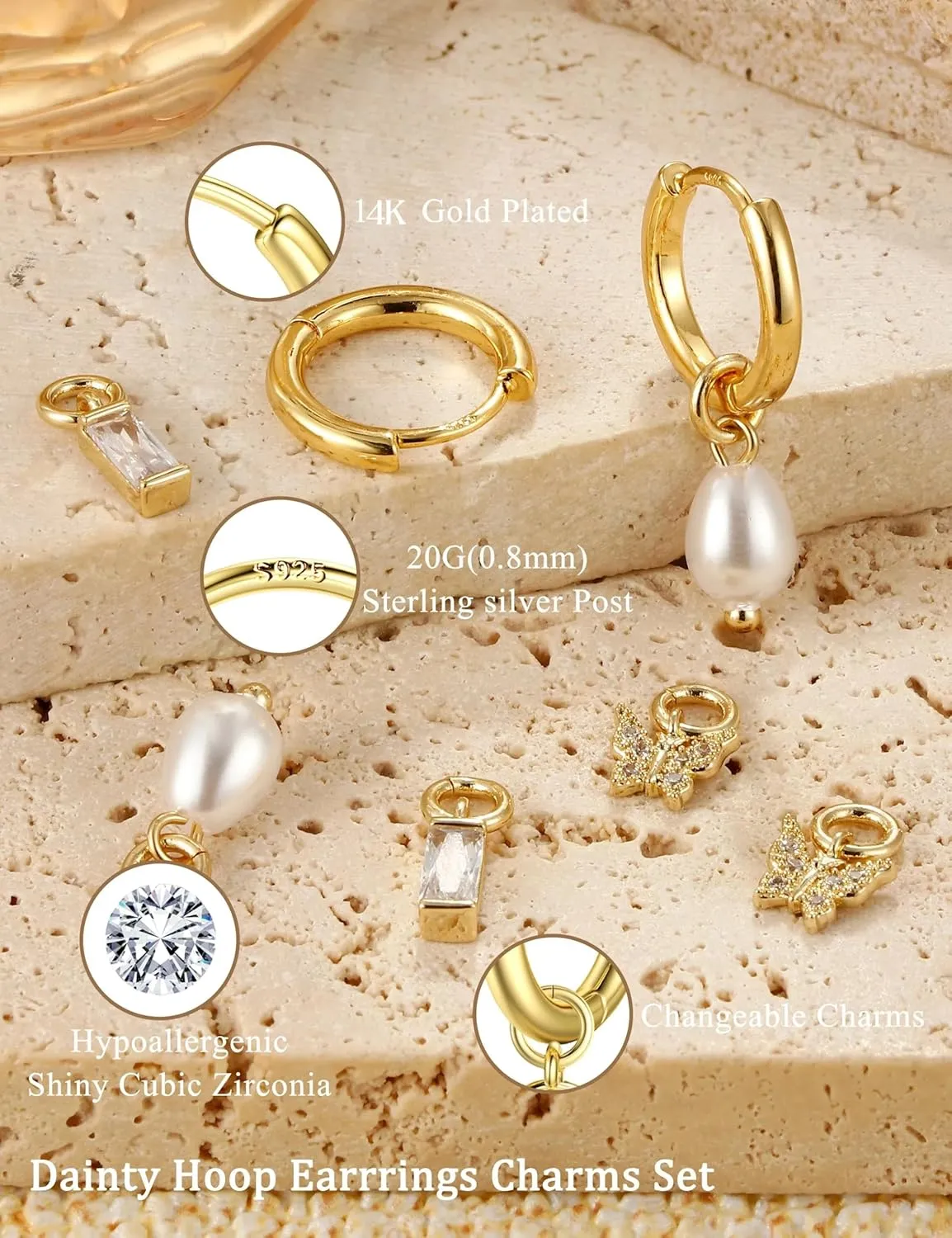 Gold Hoop Earrings Hypoallergenic 14K GP Charms Set for Women Trendy - Sterling Silver Small Huggie Hoop Earrings Pack with Cubic Zirconia Drop Dangle Earring