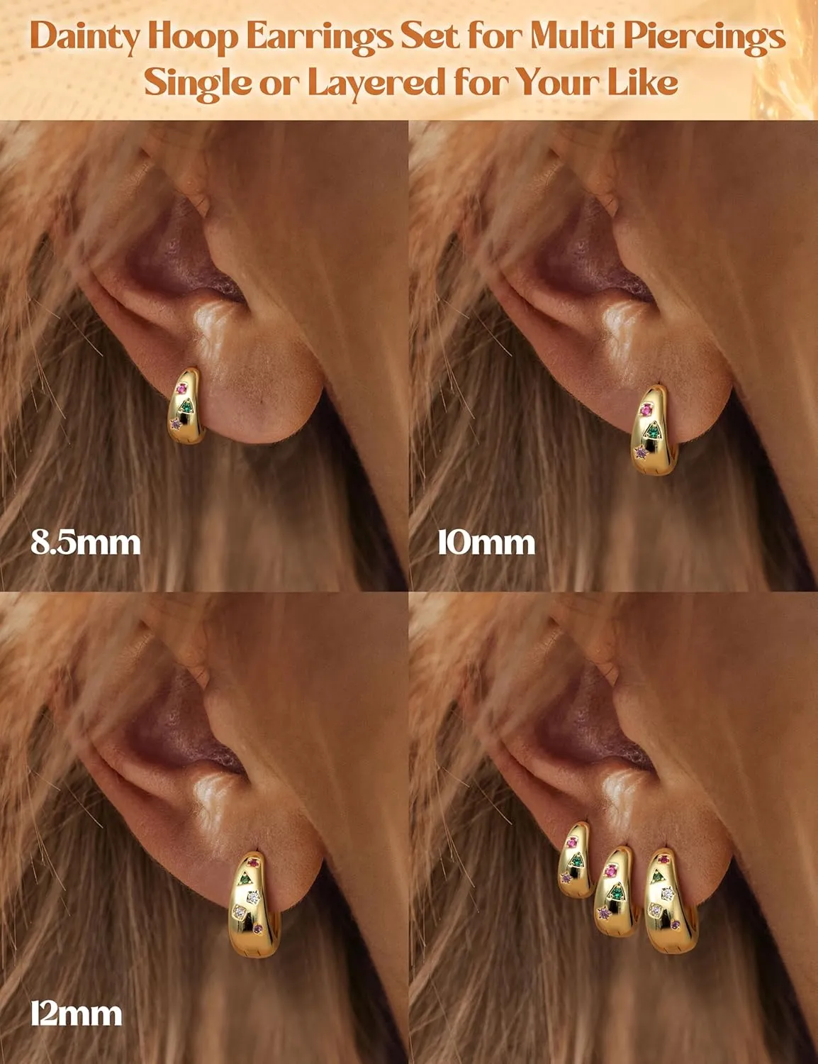 Gold Hoop Earrings Set for Women - 3Pairs Chunky Gold Silver Huggie Earrings Small 14K Gold Filled Earrings Lightweight Hypoallergenic MultiColored CZ Hoop Earrings Stacks for Multiple Piercing