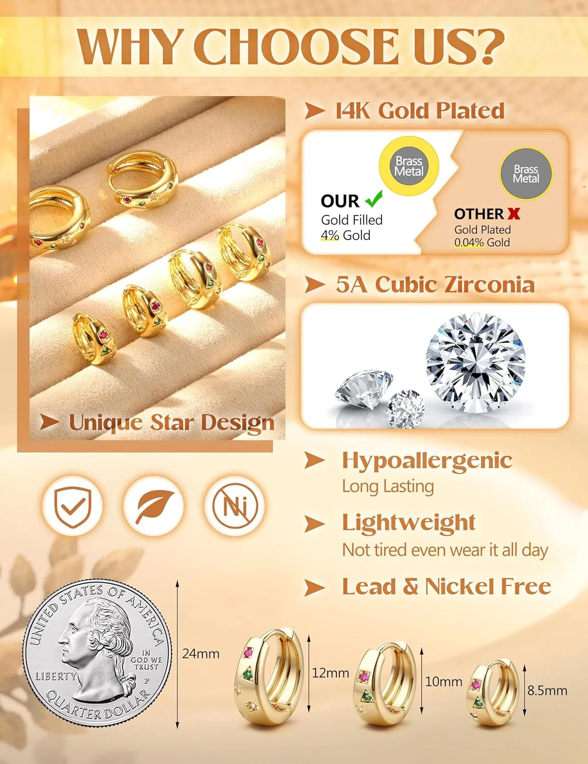 Gold Hoop Earrings Set for Women - 3Pairs Chunky Gold Silver Huggie Earrings Small 14K Gold Filled Earrings Lightweight Hypoallergenic MultiColored CZ Hoop Earrings Stacks for Multiple Piercing