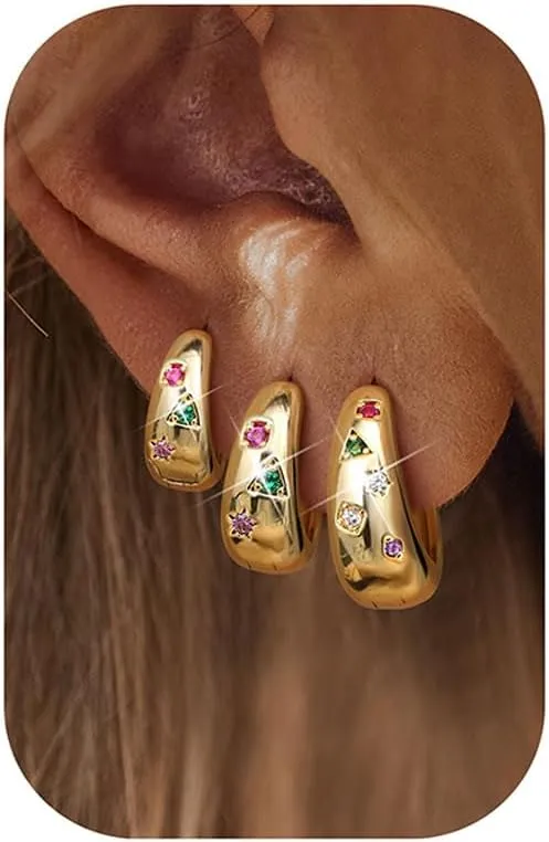 Gold Hoop Earrings Set for Women - 3Pairs Chunky Gold Silver Huggie Earrings Small 14K Gold Filled Earrings Lightweight Hypoallergenic MultiColored CZ Hoop Earrings Stacks for Multiple Piercing