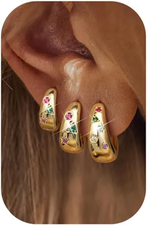 Gold Hoop Earrings Set for Women - 3Pairs Chunky Gold Silver Huggie Earrings Small 14K Gold Filled Earrings Lightweight Hypoallergenic MultiColored CZ Hoop Earrings Stacks for Multiple Piercing