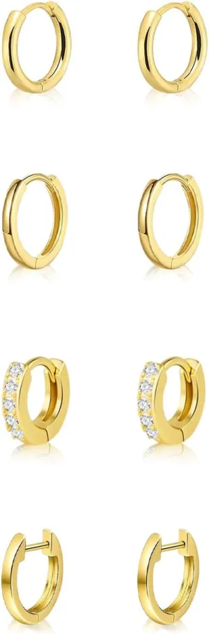 Gold Hoop Earrings Set for Women Hypoallergenic 14K Real Gold Plated Huggie Cartilage Clip On Earrings Set for Multiple Piercing Lightweight Jewelry (Gold-6mm-4pairs)