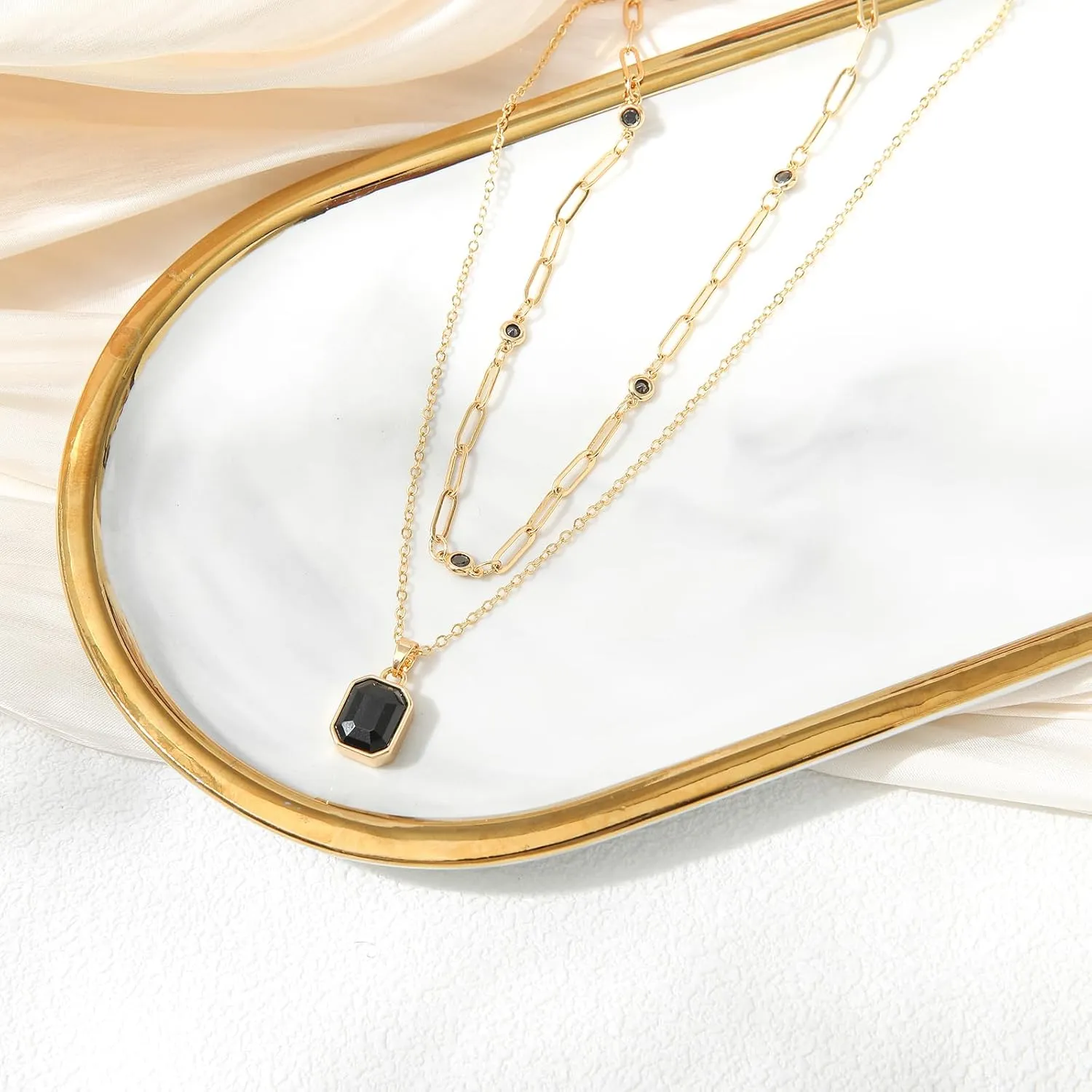Gold Layered Necklaces for Women, 18k Gold Plated Crystal Necklace Paperclip Choker Emerald Green Jewelry for Women Gifts