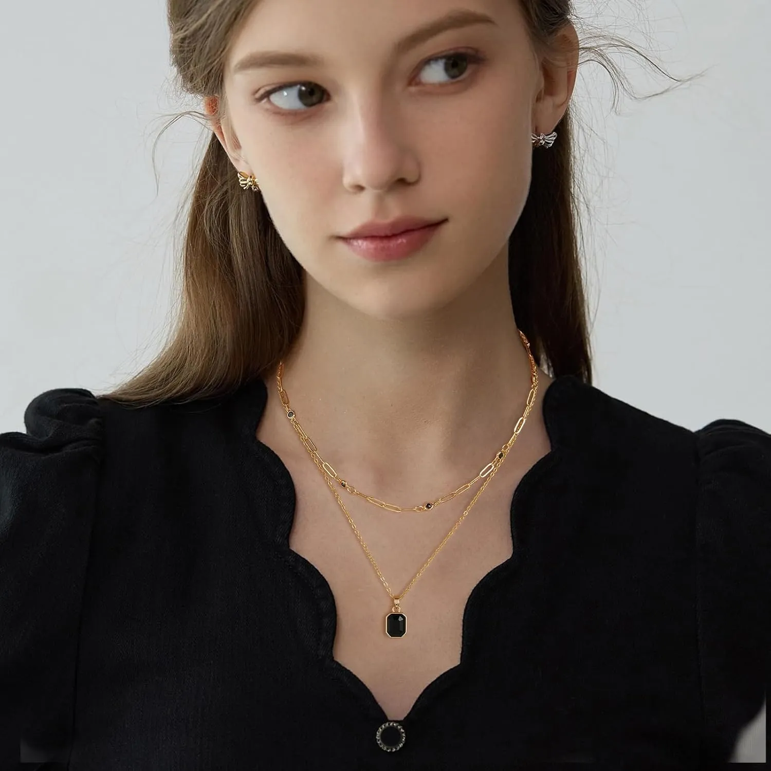 Gold Layered Necklaces for Women, 18k Gold Plated Crystal Necklace Paperclip Choker Emerald Green Jewelry for Women Gifts