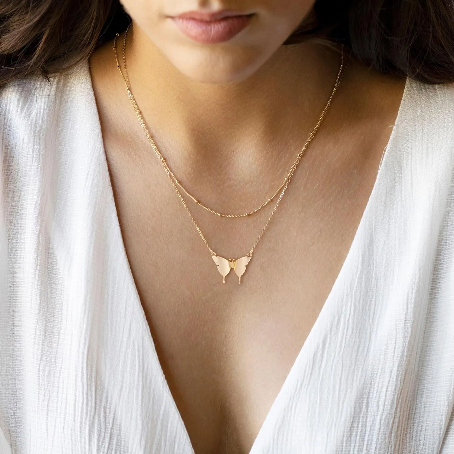 Gold Necklace for Women, Dainty 14K Gold Plated Cubic Zirconia Butterfly Sun Moon Starfish Pendant Necklace Simple Necklaces for Women Trendy