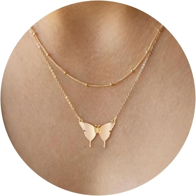 Gold Necklace for Women, Dainty 14K Gold Plated Cubic Zirconia Butterfly Sun Moon Starfish Pendant Necklace Simple Necklaces for Women Trendy