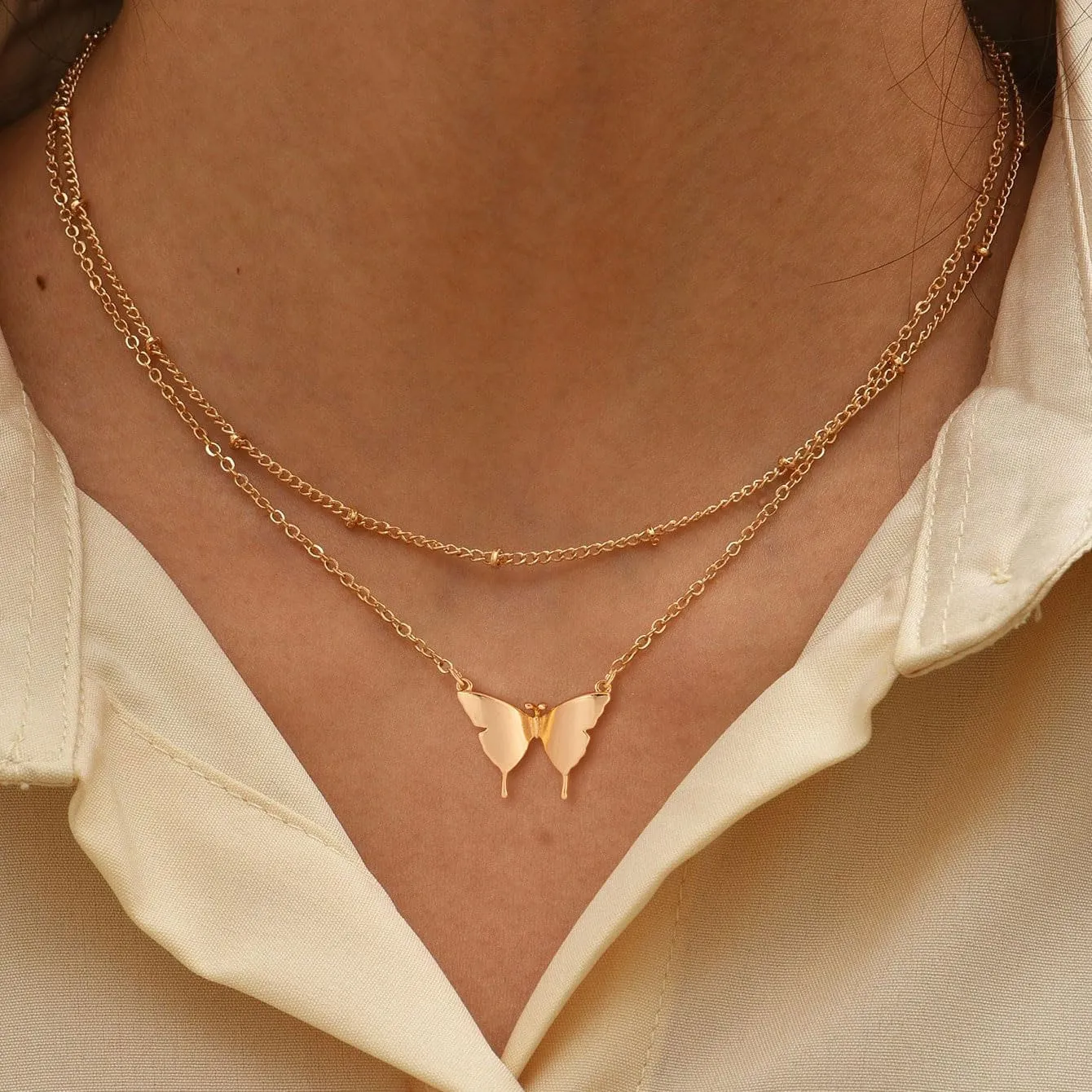Gold Necklace for Women, Dainty 14K Gold Plated Cubic Zirconia Butterfly Sun Moon Starfish Pendant Necklace Simple Necklaces for Women Trendy
