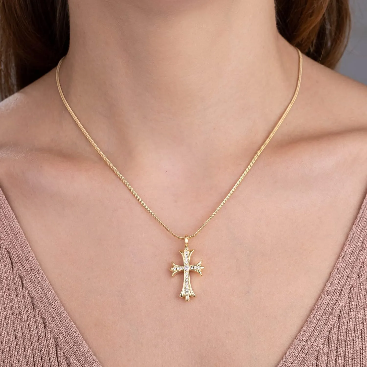 Gold Necklaces for Women 14K Gold Plated Cross Pendant With Snake Chain, Non Tarnish Layered CZS Jewelry Trendy Choker Faith Christian Cross Gifts