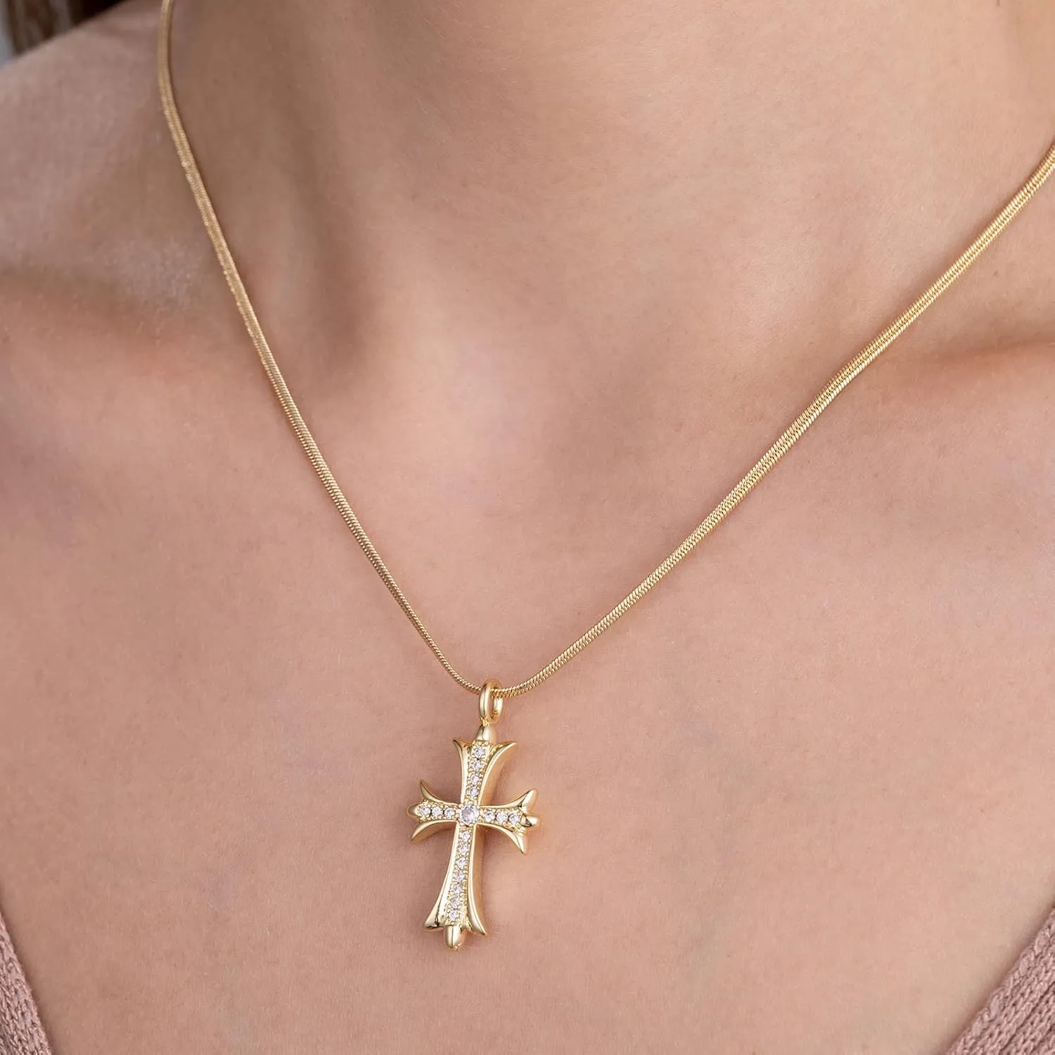Gold Necklaces for Women 14K Gold Plated Cross Pendant With Snake Chain, Non Tarnish Layered CZS Jewelry Trendy Choker Faith Christian Cross Gifts
