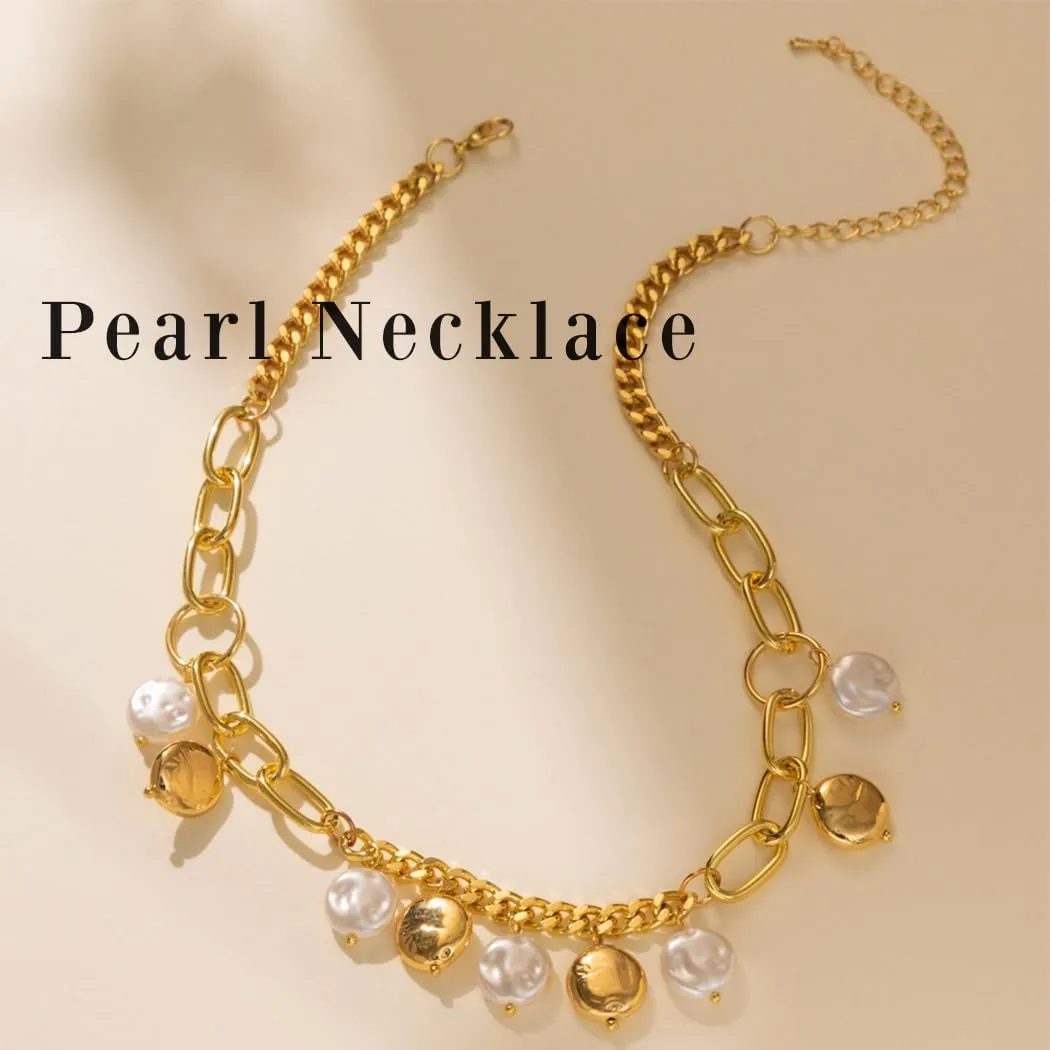 Gold Pearl Necklace for Women Punk Chunky Necklaces Boho Coin Necklace Baroque Cuban Jewelry for Holiday Party