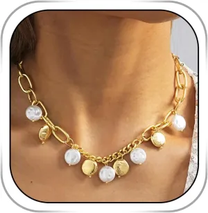 Gold Pearl Necklace for Women Punk Chunky Necklaces Boho Coin Necklace Baroque Cuban Jewelry for Holiday Party