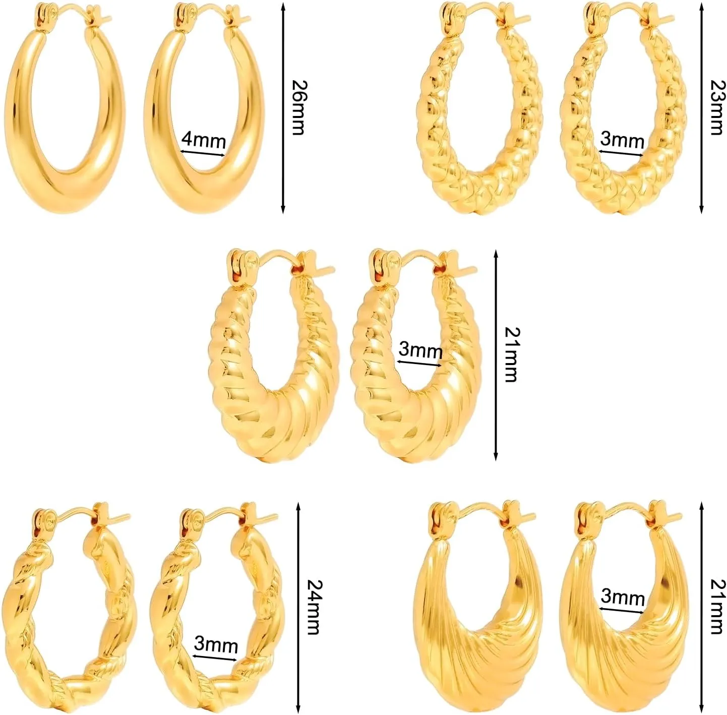 Gold Plated Chunky Hoop Earrings - Twisted Huggie Hoops for Women - Gift Lightweight