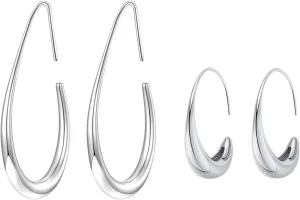 Gold silver Hoop Earrings for Women Lightweight Teardrop 18K Gold Plated Large and Small Oval Pull Through Fluid Hoop Earrings Set, Chunky Gold silver Statement Dangle Drop Earrings