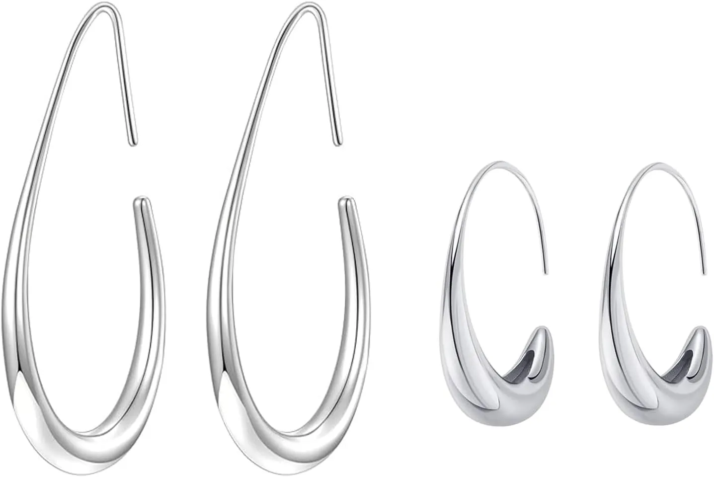 Gold silver Hoop Earrings for Women Lightweight Teardrop 18K Gold Plated Large and Small Oval Pull Through Fluid Hoop Earrings Set, Chunky Gold silver Statement Dangle Drop Earrings