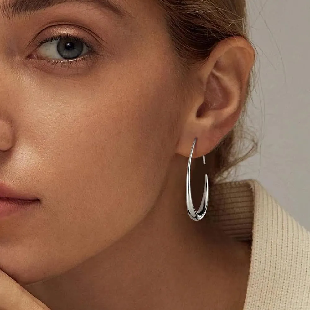 Gold silver Hoop Earrings for Women Lightweight Teardrop 18K Gold Plated Large and Small Oval Pull Through Fluid Hoop Earrings Set, Chunky Gold silver Statement Dangle Drop Earrings