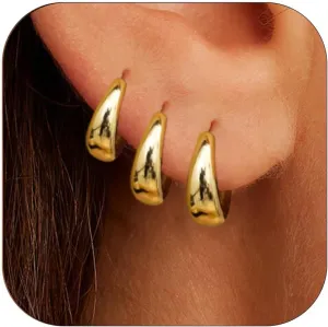 Gold Small Hoop Earrings for Women, 3 Pair 14K Gold Plated Chunky Hoops Earrings Set Lightweight Gold Huggie Hoop Earrings for Women Hypoallergenic Small Gold Hoops Trendy Earrings for Women