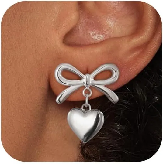 Gold/Silver Bow Heart Dangle Earrings for Women Trendy,14K Gold Plated/Silver Heart Drop Earrings Vintage,Chunky Bow Stud Earrings Prom Valentine Holiday Jewelry Gift