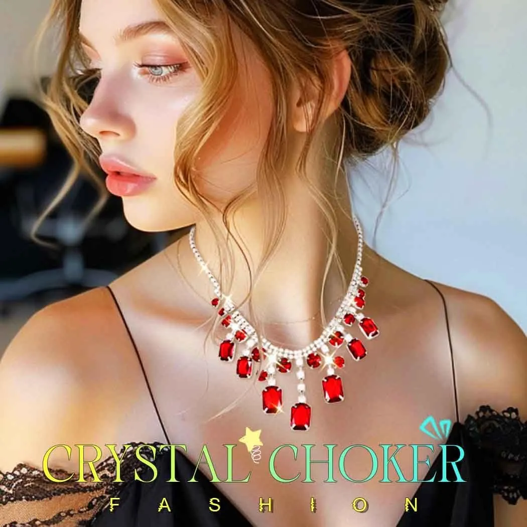 GRAEEN Red Crystal Pendant Necklace Jewelry Sparkly Rhinestone Choker Necklaces Shiny Prom Neck Chain for Women