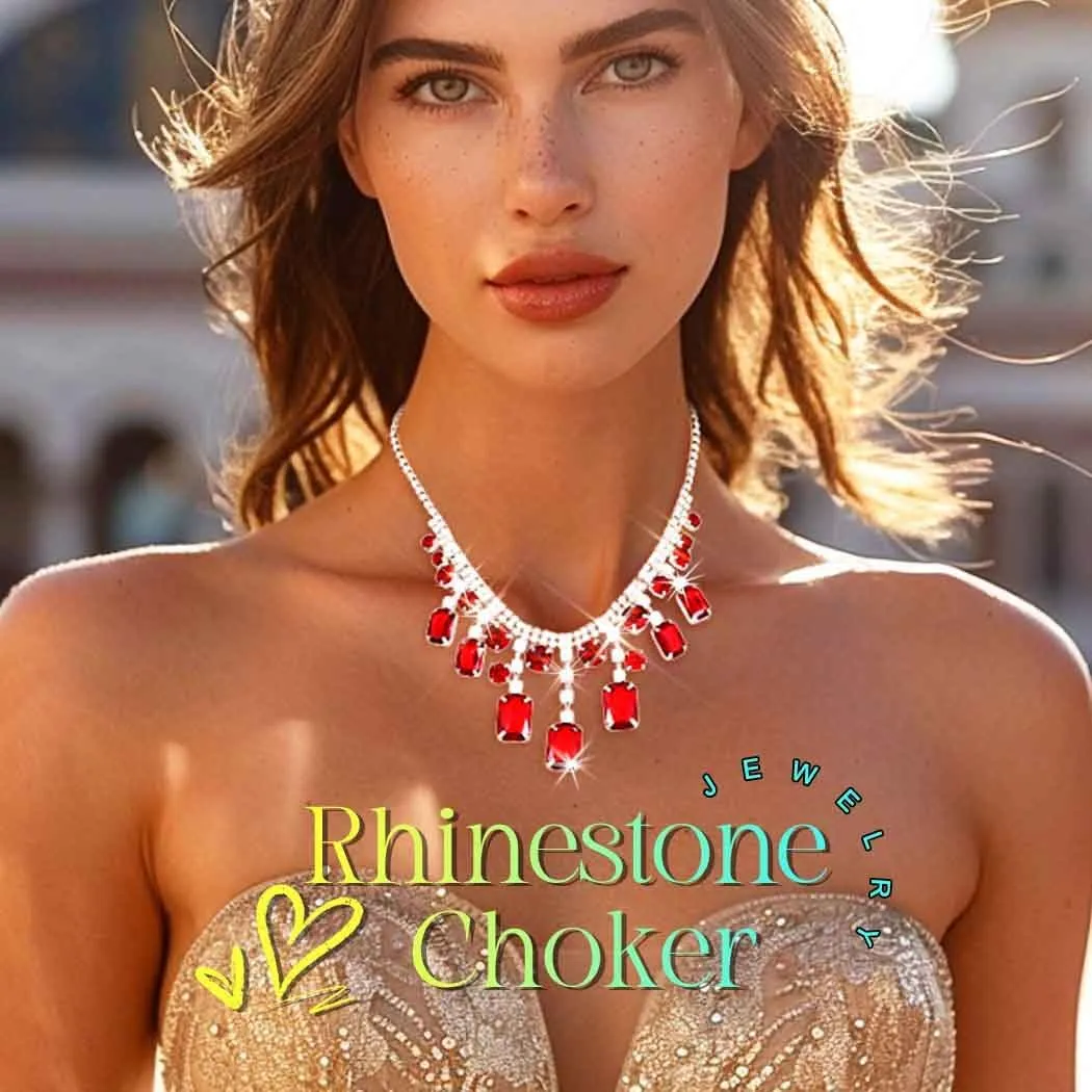 GRAEEN Red Crystal Pendant Necklace Jewelry Sparkly Rhinestone Choker Necklaces Shiny Prom Neck Chain for Women