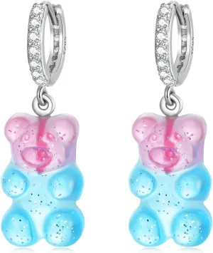 Gummy Bear Hoop Earrings - Sterling Silver Colorful Teddy Bears Resin Dangle Drop Earring Cute Pink Blue Cartoon Animal Huggies Candy Fairy Jewelry Gift for Women