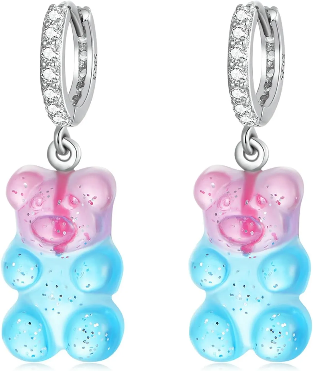 Gummy Bear Hoop Earrings - Sterling Silver Colorful Teddy Bears Resin Dangle Drop Earring Cute Pink Blue Cartoon Animal Huggies Candy Fairy Jewelry Gift for Women