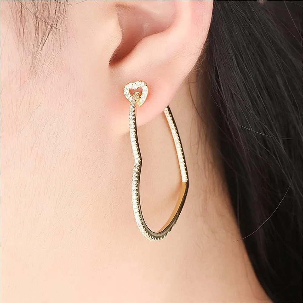 Heart Hoop Earrings - CZ Heart Stud Earrings in Gold WhiteGold