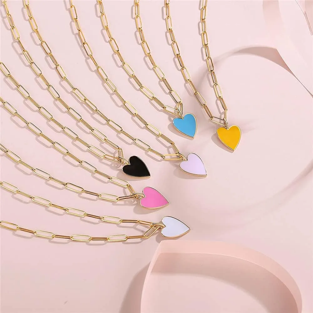 Heart Necklace for Women,Preppy Jewelry Dainty Paperclip Chain Necklace for Women,Cute Pink Heart Preppy Necklaces 16 2 Inches