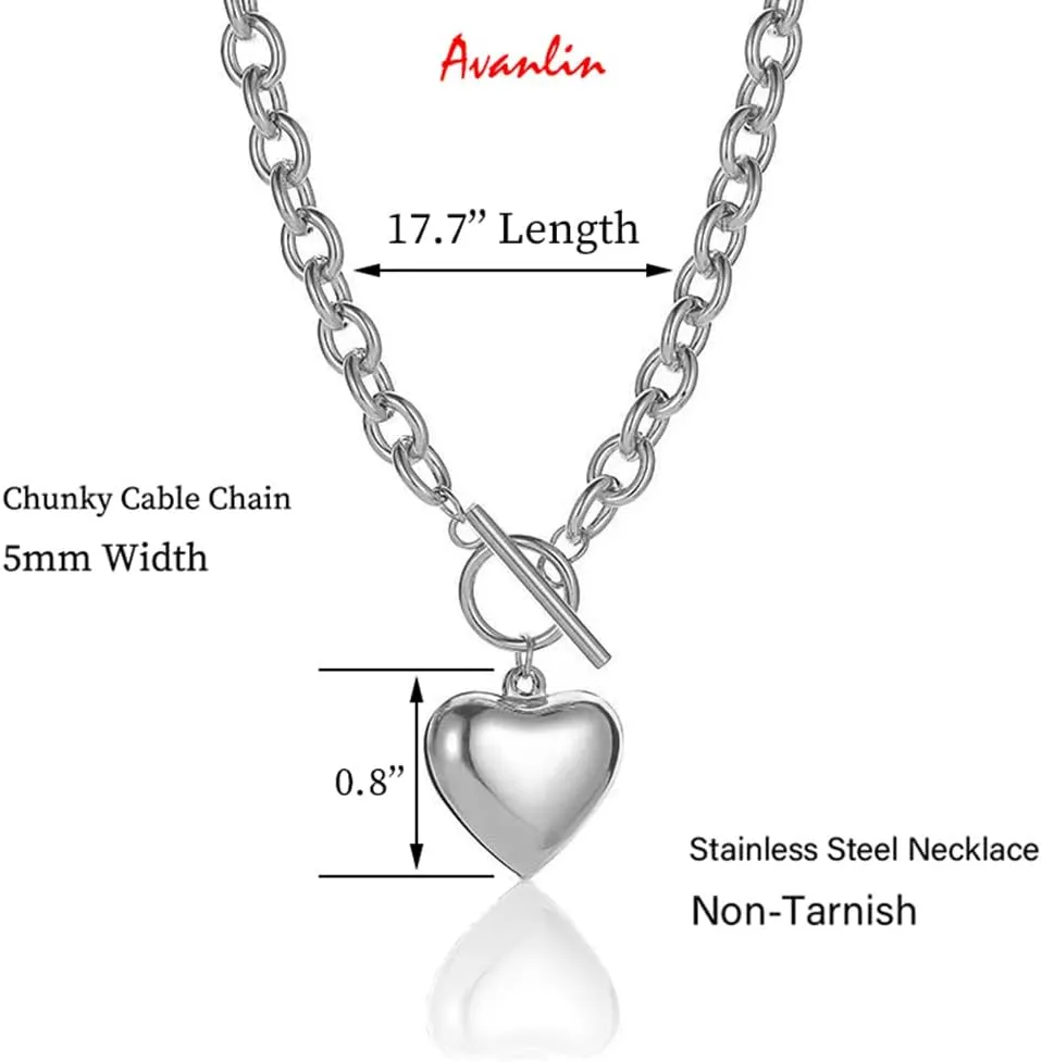 Heart Toggle Necklace Silver Stainless Steel Pendant Choker Charm Necklaces Cable Chain Jewelry for Women