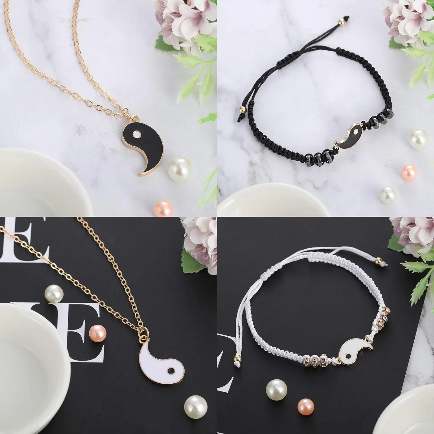 Hicarer 4 Pcs Yin Yang Necklace for 2 and Matching Friend Couples Bracelet Valentines for BFF Friendship