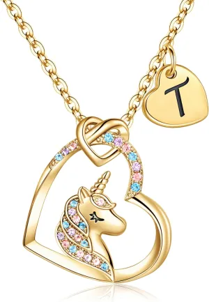 Hidepoo Unicorn Necklace Graduation Gifts for Girls Dauther - Colorful CZ Heart Pendant Initial Unicorn Necklaces for Girl Teens Little Girls Jewelry Birthday Gift