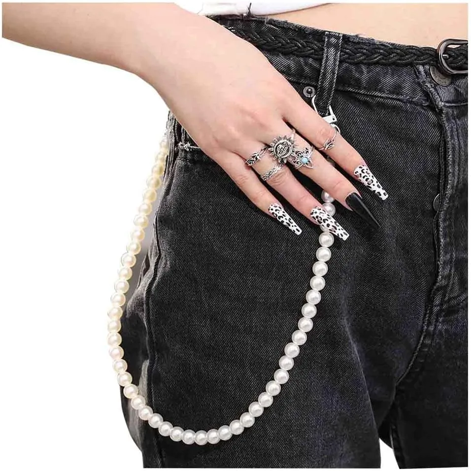 Hip Hop Jeans Pants Layered Pearl Pocket Trousers with Chains, Keychains and Body Jewelry for Men and Women