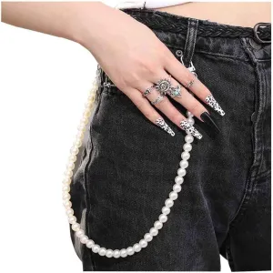 Hip Hop Jeans Pants Layered Pearl Pocket Trousers with Chains, Keychains and Body Jewelry for Men and Women