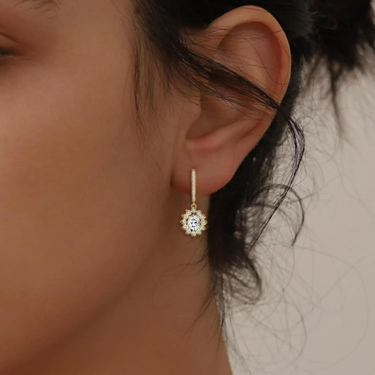 Hoop Earrings with Dangle Oval Sterling Silver Classic Loop Dangling Earrings for Women for Sensitive Ears Hypoallergenic Cubic Zirconia Fashion Jewelry Gifts