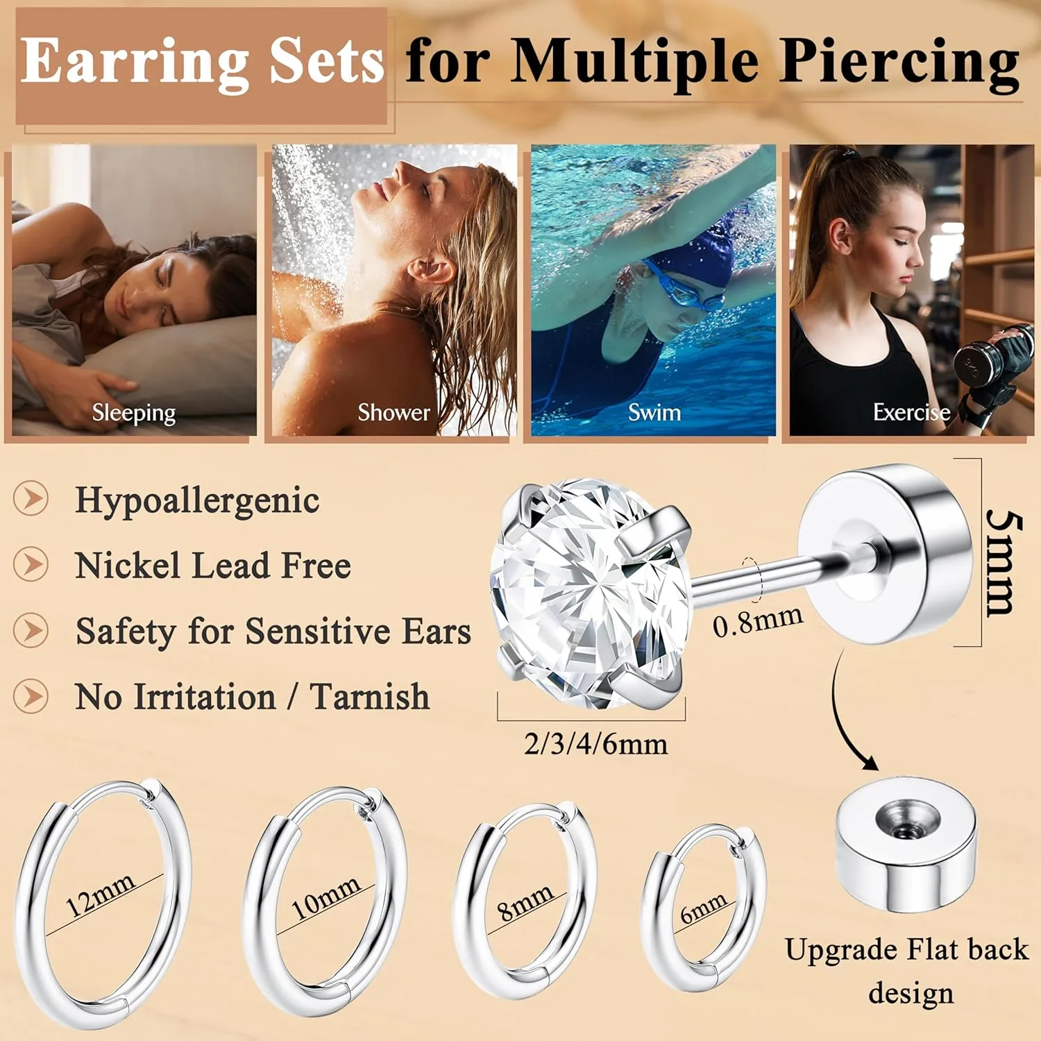 Hoop Stud Earrings Set for Multiple Piercing - Hypoallergenic Surgical Steel Earrings 14K Gold Plated Small Cartilage Huggie Hoop Earrings Flat Back Earrings for Women Men