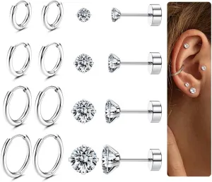 Hoop Stud Earrings Set for Multiple Piercing - Hypoallergenic Surgical Steel Earrings 14K Gold Plated Small Cartilage Huggie Hoop Earrings Flat Back Earrings for Women Men